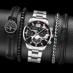 Elegant Geneva men's steel watch set with four fashion bracelets on black background