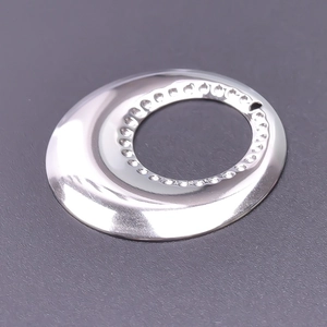 Detailed view of a polished silver stainless steel circular ring with textured inner rim
