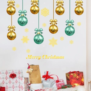 Christmas wall stickers with golden snowflakes and hanging balls decoration for living room
