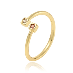 Minimalist gold open ring with square white and orange-red gemstones in professional view