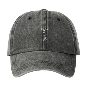 Washed charcoal grey baseball cap with vertical Jesus cross and heart graphic embroidery