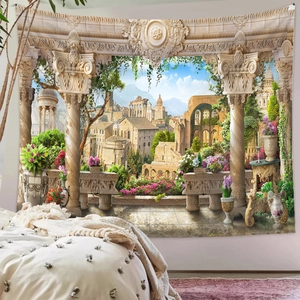 Detailansicht eines 3D Wandteppichs mit europäischer Gartenlandschaft im Schlafzimmer