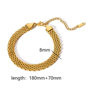 Flat 18K gold plated stainless steel mesh watch band bracelet with 8mm width and lobster clasp