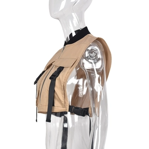 Side view of tactical cargo vest in khaki and black with quick-release buckles