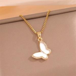 Gold butterfly pendant necklace with white enamel and sparkling zircon on box chain