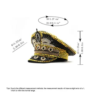 Size chart for rhinestone captain hat showing head circumference and brim measurements