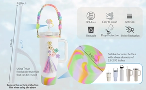 White bottle accessories set with rainbow handle flower straw cap and clover tassel charm