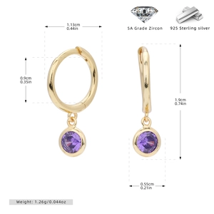 Detailed size specifications for gold 925 sterling silver earrings with purple zircon