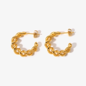 18K gold-plated double-line twisted geometric C-shape hoop earrings in stainless steel