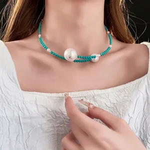 Elegant beaded necklace with turquoise round beads and large white pearls for women