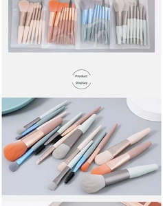 Detail of 8-piece portable makeup brush set with Morandi color handles and PVC zip pouch