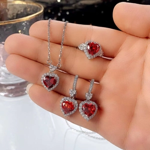 Blue topaz zircon heart pendant necklace earrings and ring jewelry set for women