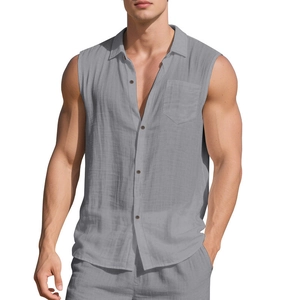 Detailed view of grey linen sleeveless shirt fabric texture and single chest pocket