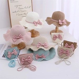 Kids wide brim straw hat and matching bag set with pearl bow in five assorted colors