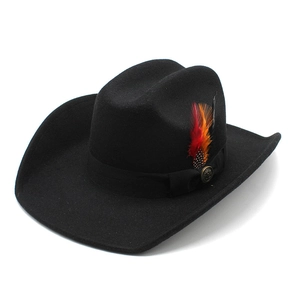 Classic black felt cowboy hat with colorful feathers and a vintage metal buckle button