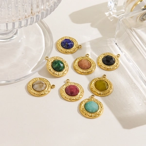 Round Natural Stone Pendants Stainless Steel Gold Plated Faceted Charms For Jewelry Making DIY French Vintage Style
