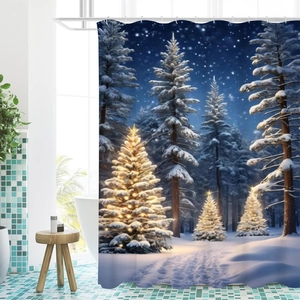 Christmas forest shower curtain with snowy pine trees and starry night sky design