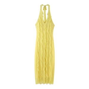 Robe longue jaune chic à licou avec des volants étagés élégants pour l'été