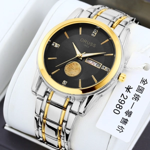 Men's quartz watch with black dial, gold sailboat design, and dual date display features