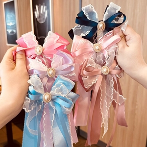 Girls Hair Clip Large Bowknot Long Ribbon Satin Lace Faux Artificial Pearl Princess Sweet Hair Accessories For Kids