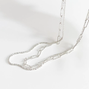 Close-up of double-layer silver chain with shimmering texture and paperclip link design