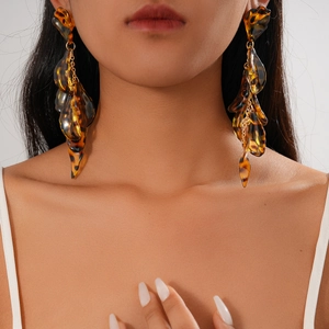 Statement acrylic leopard print tassel earrings with amber resin petals for women