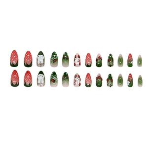 24pcs strawberry and bunny press on nails with red green and white gradient floral art