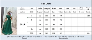 Detailed size chart for pleated evening dress showing length, bust, and waist in centimeters