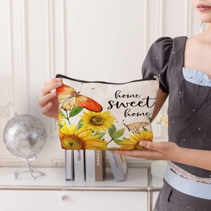 Sunflower Floral Print Makeup Bag Fine Linen Cosmetic Pouch With Zipper And Wristlet For Women Travel Storage Bag
