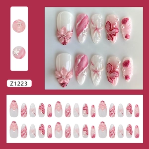 3D-Blumen-Kunstnägel-Set mit rosa Ombré, Perlen und Seestern-Dekor in Mandelform