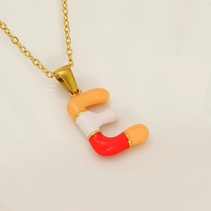 Colorful enamel letter E pendant necklace in gold stainless steel for women