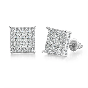 Macro detail of square iced-out stud earrings with S925 silver hallmark and pave stones