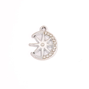 Polished silver crescent moon and star pendant charm with sparkling rhinestones for DIY