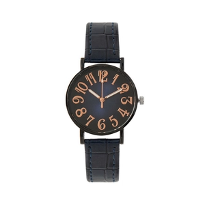 Montre à quartz minimaliste avec bracelet cuir bleu marine et cadran dégradé bleu