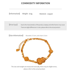 Detailed view of gold-plated bracelet with gourd and flower charms in Chinese style