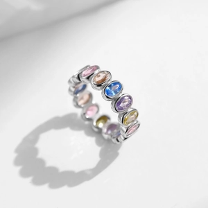 Elegant S925 sterling silver ring featuring colorful oval-cut rainbow cubic zirconia stones