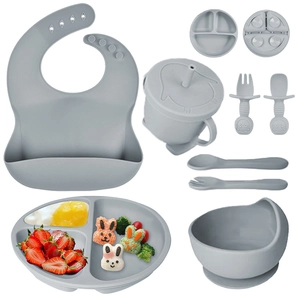 Detailed set of grey silicone baby feeding essentials including bibs, bowls and suction plates
