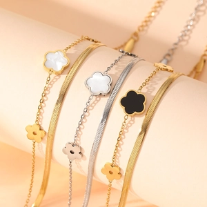 Layered Bracelet Stainless Steel Flower Clover Charm Shell Inlay Elegant Fashion Jewelry For Women Non-Fading