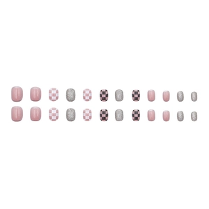 Short square press-on nails set featuring pink checkered patterns and silver glitter accents