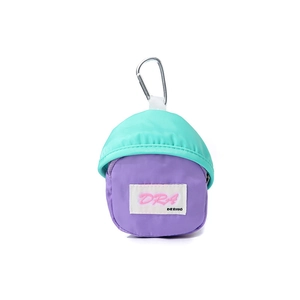 Mini outdoor storage bag in cyan and purple nylon with metal carabiner on white background