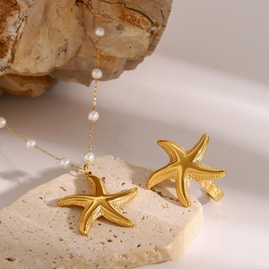 Ensemble collier et bague étoile de mer en acier inoxydable doré 18 carats avec perles