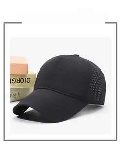 Detail of black quick-dry baseball cap featuring breathable laser-cut mesh holes