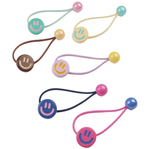 Colorful high elasticity hair ties with smiley face and bead charms set of six