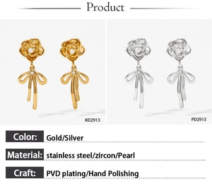 Détails pour boucles d'oreilles nœud camélia or et argent en acier inoxydable 316L