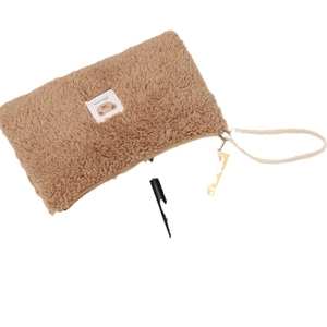 Brown fuzzy teddy plush cosmetic bag with cute bear patch and zipper closure