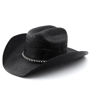 Classic black woven straw cowboy hat with wide brim and decorative patterned band