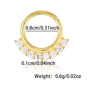 Anneau de nez en argent S925 avec 7 zircons blancs, diamètre 0,8 cm et poids de 0,6 g