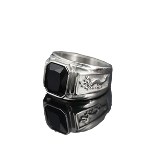 Retro dragon totem ring for men in stainless steel with a black gemstone and silver finish