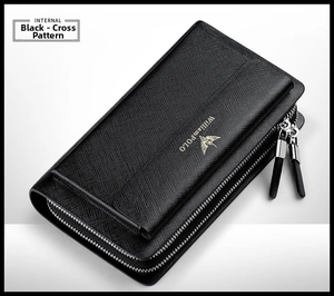 Detailed macro view of Saffiano leather texture and dual zipper on black men's clutch