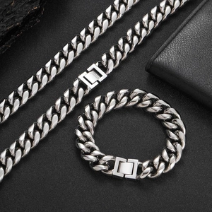 Polished stainless steel Cuban link necklace and bracelet set for men on leather